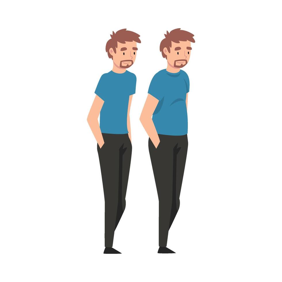 Young Man Before and After Weight Loss, Male Body Transformation Illustration vector