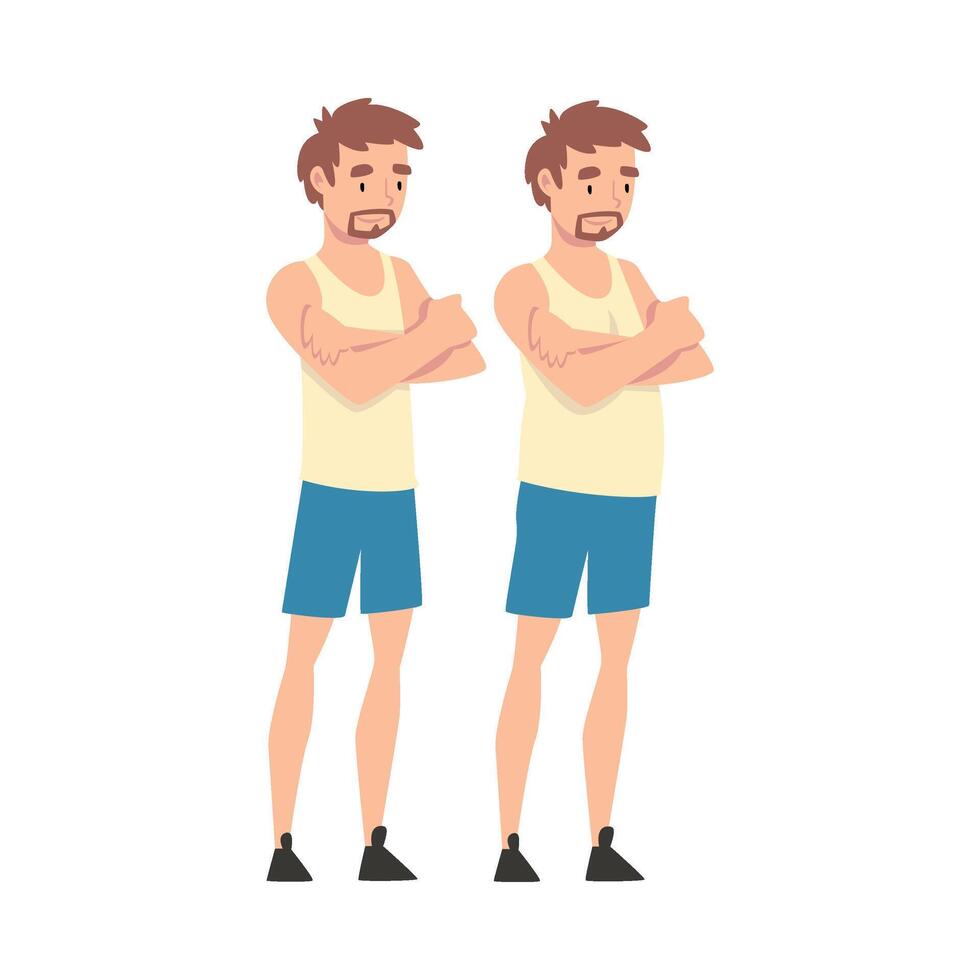 Man Before and After Weight Loss, Male Body Changing Through Healthy Nutrition or Sports Illustration vector