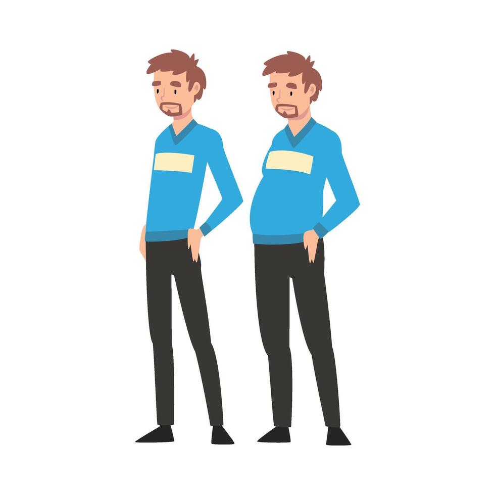 Young Man Before and After Weight Loss, Male Body Changing Through Healthy Nutrition or Sports Illustration vector