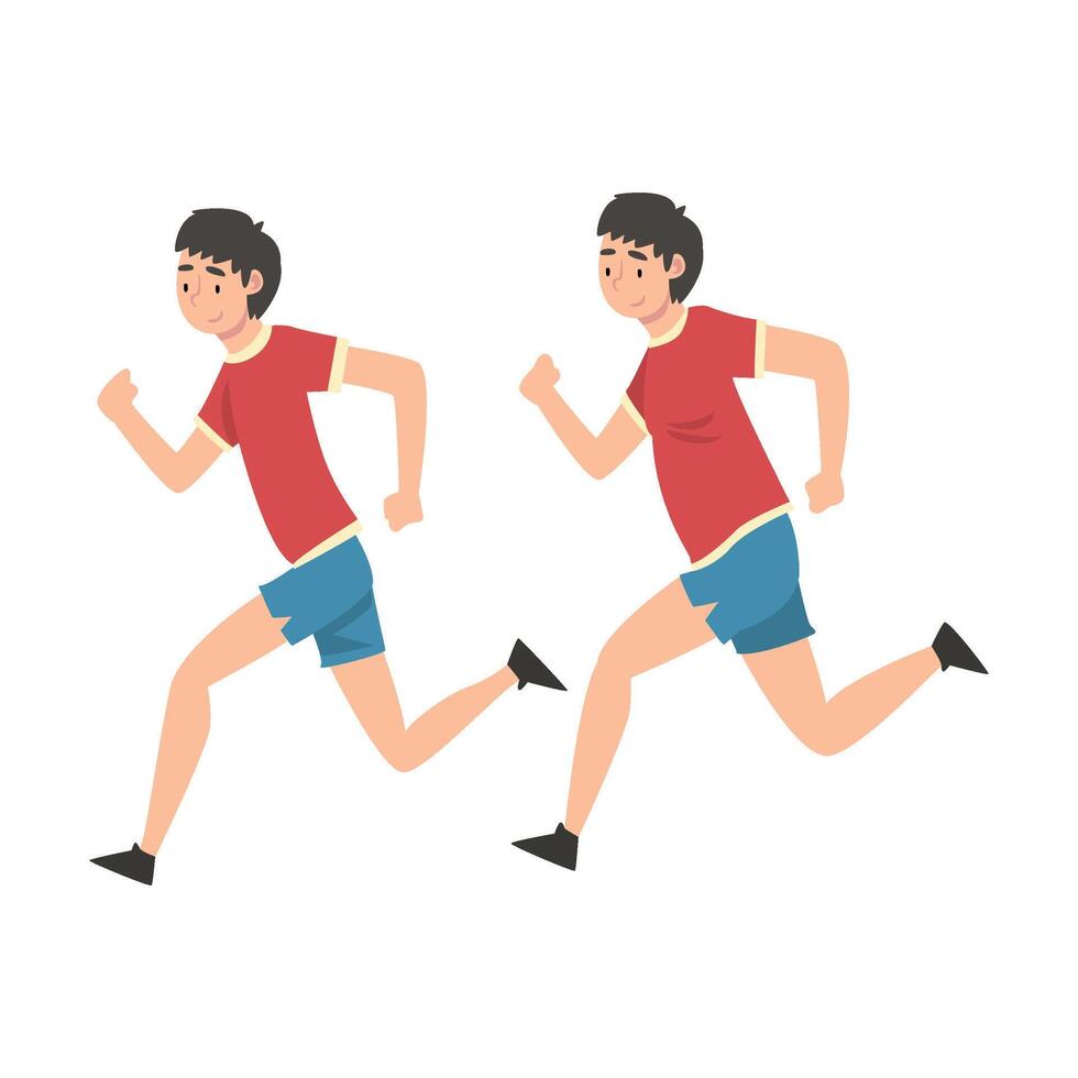Man in Sportswear Running, Guy Before and After Weight Loss, Male Body Changing Through Healthy Nutrition or Sports Illustration vector