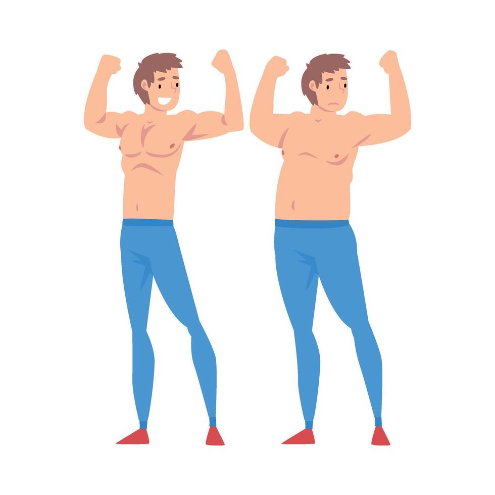 Fat and Slim Man, Guy Before and After Weight Loss, Male Body Changing Through Healthy Nutrition or Sports Illustration vector