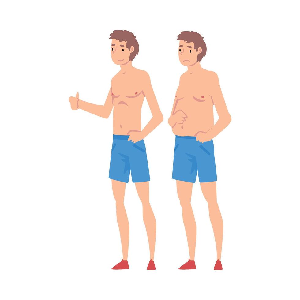 Fat and Slim Man in Shorts, Guy Before and After Weight Loss, Male Body Changing Through Healthy Nutrition or Sports Illustration vector