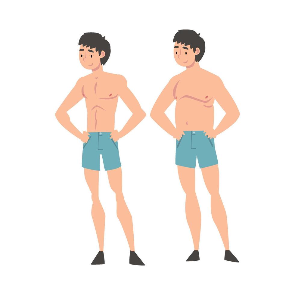 Young Man in Underwear Before and After Weight Loss, Male Body Changing Through Healthy Nutrition or Sports Illustration vector