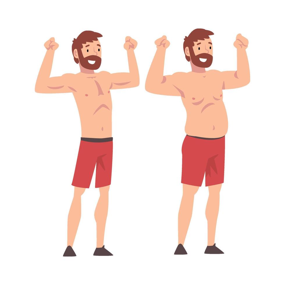 Fat and Slim Man, Bearded Man Before and After Weight Loss, Male Body Changing Through Healthy Nutrition or Sports Illustration vector