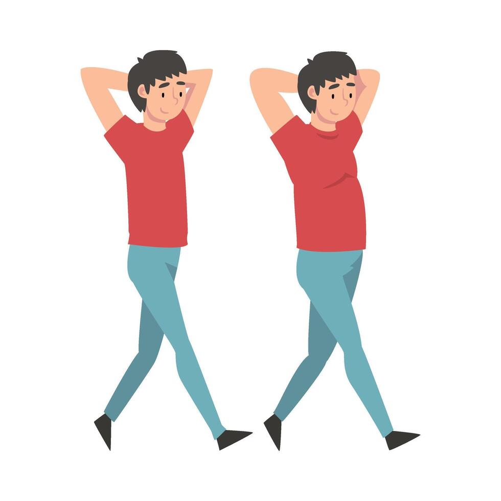 Guy in Casual Clothes Walking with Hands Thrown, Man Before and After Weight Loss, Male Body Changing Through Healthy Nutrition or Sports Illustration vector