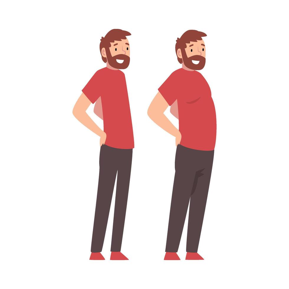 Bearded Man Before and After Weight Loss, Male Body Changing Through Healthy Nutrition or Sports Illustration vector