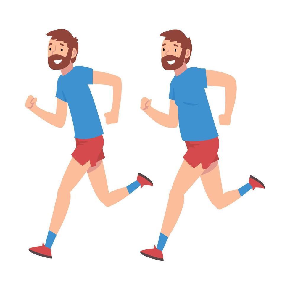 Man in Sportswear Running, Guy Before and After Weight Loss Doing Sports, Male Body Changing Through Healthy Nutrition or Sports Illustration vector