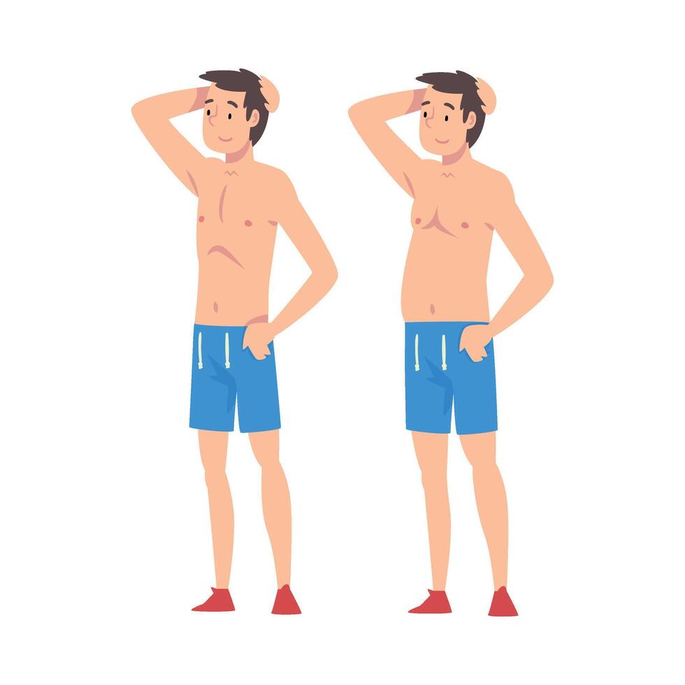 Young Man Before and After Weight Loss, Guy in Shorts, Male Body Changing Through Healthy Nutrition or Sports Illustration vector
