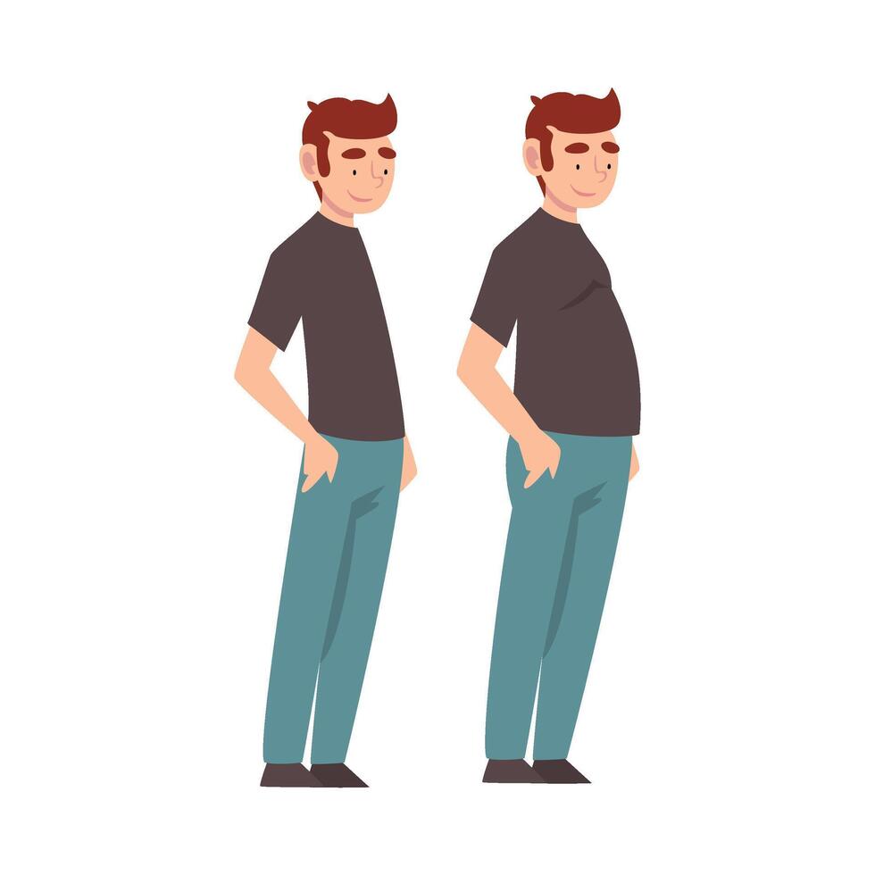 Man Wearing Casual Clothes Before and After Weight Loss, Male Body Changing Through Healthy Nutrition or Sports Illustration vector
