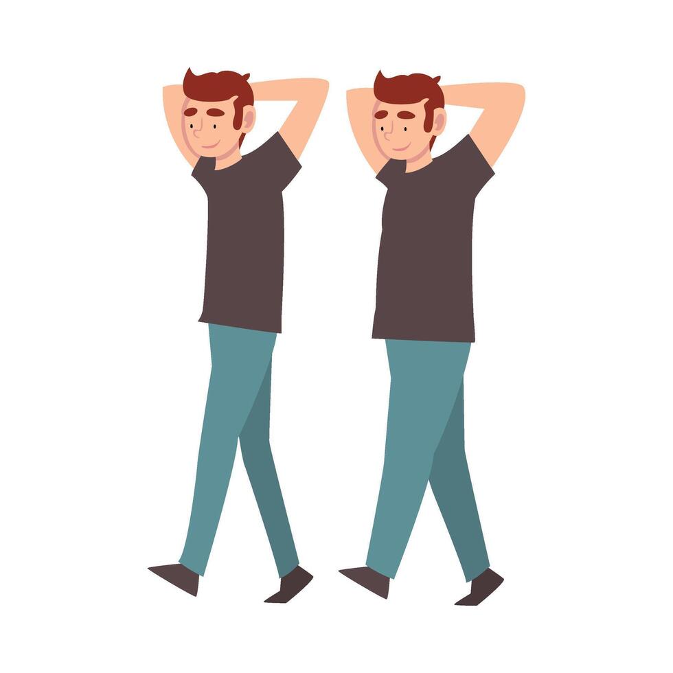 Guy in Casual Clothes Walking with Hands Thrown, Young Man Before and After Weight Loss, Male Body Changing Through Healthy Nutrition or Sports Illustration vector