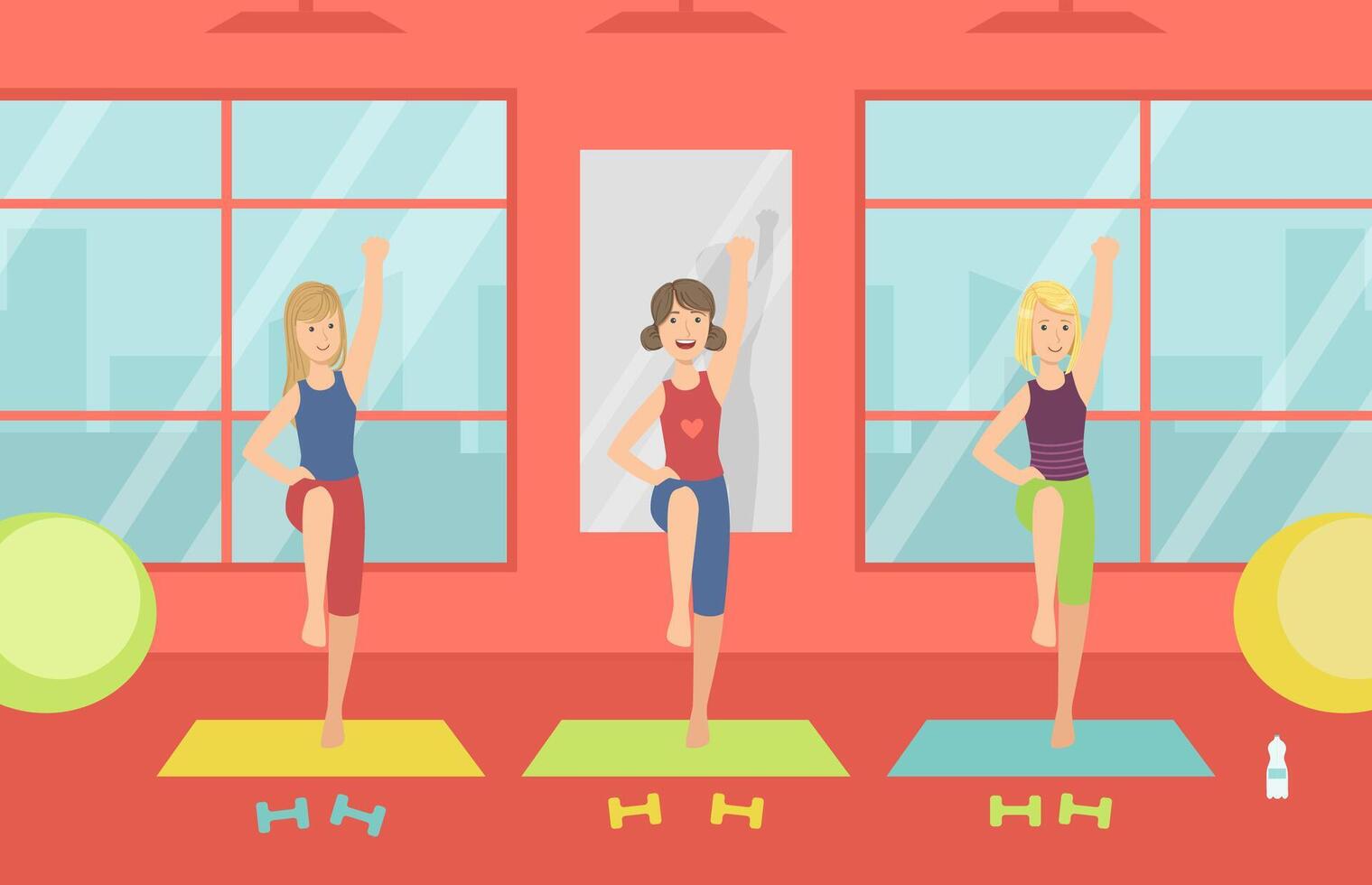Young Women Doing Aerobic Exercises in Gym, Healthy Lifestyle, Sport Gym Interior with Workout Equipment Illustration vector
