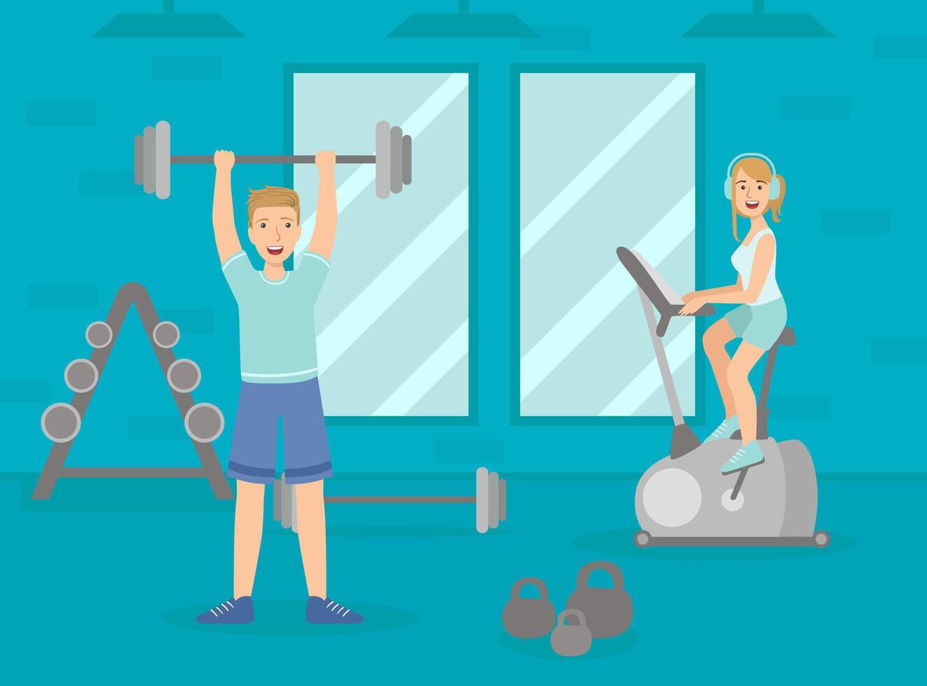 Athletic People Doing Sport Exercises, Man Exercising with Barbell, Woman Working Out on Exercise Bike, Sport Gym Interior with Workout Equipment Illustration vector