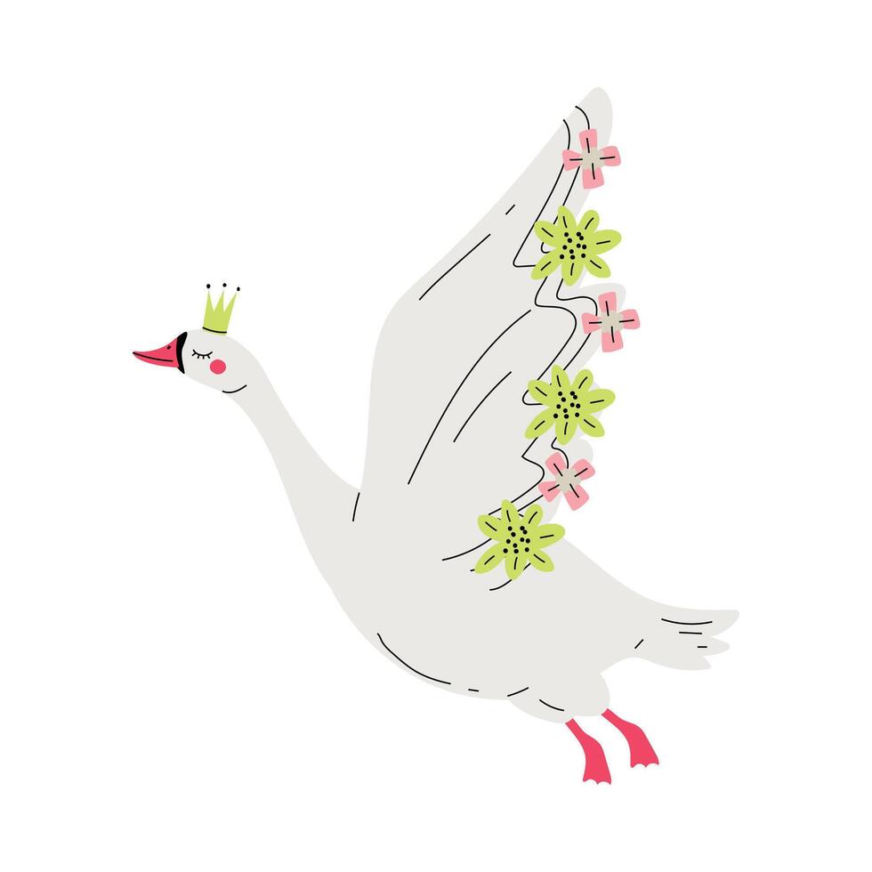 Beautiful White Flying Swan Princess with Golden Crown and Wings Decorated with Flowers, Lovely Fairytale Bird Queen Illustration vector