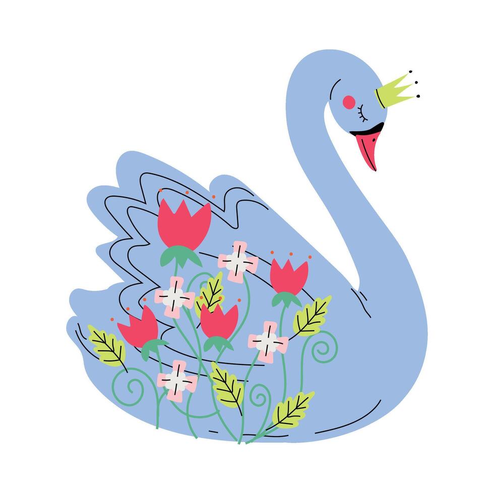 Beautiful Grey Swan Princess with Golden Crown, Lovely Fairytale Bird Decorated with Flowers Illustration vector