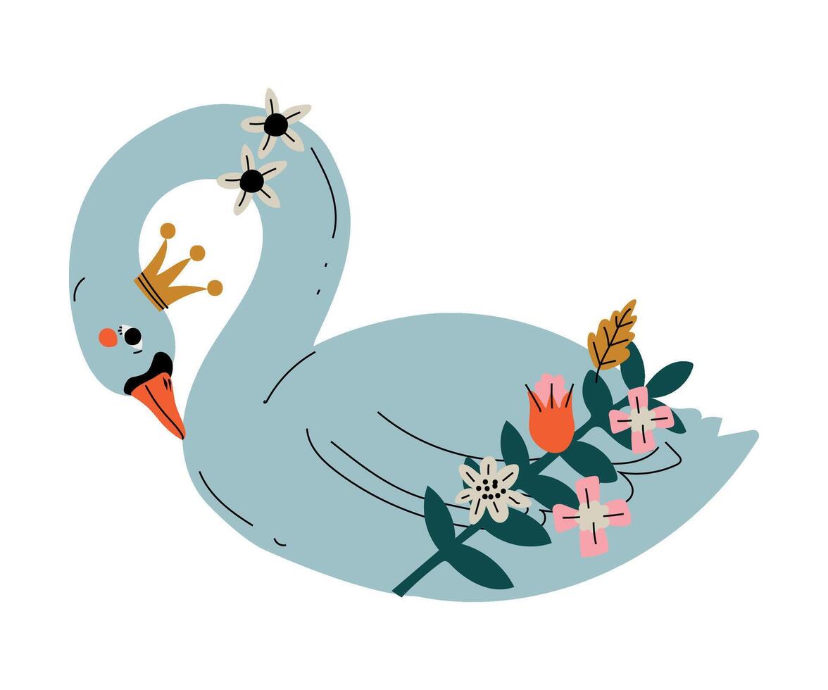 Beautiful Swan Princess with Golden Crown, Lovely Fairytale Bird with Flowers Illustration vector