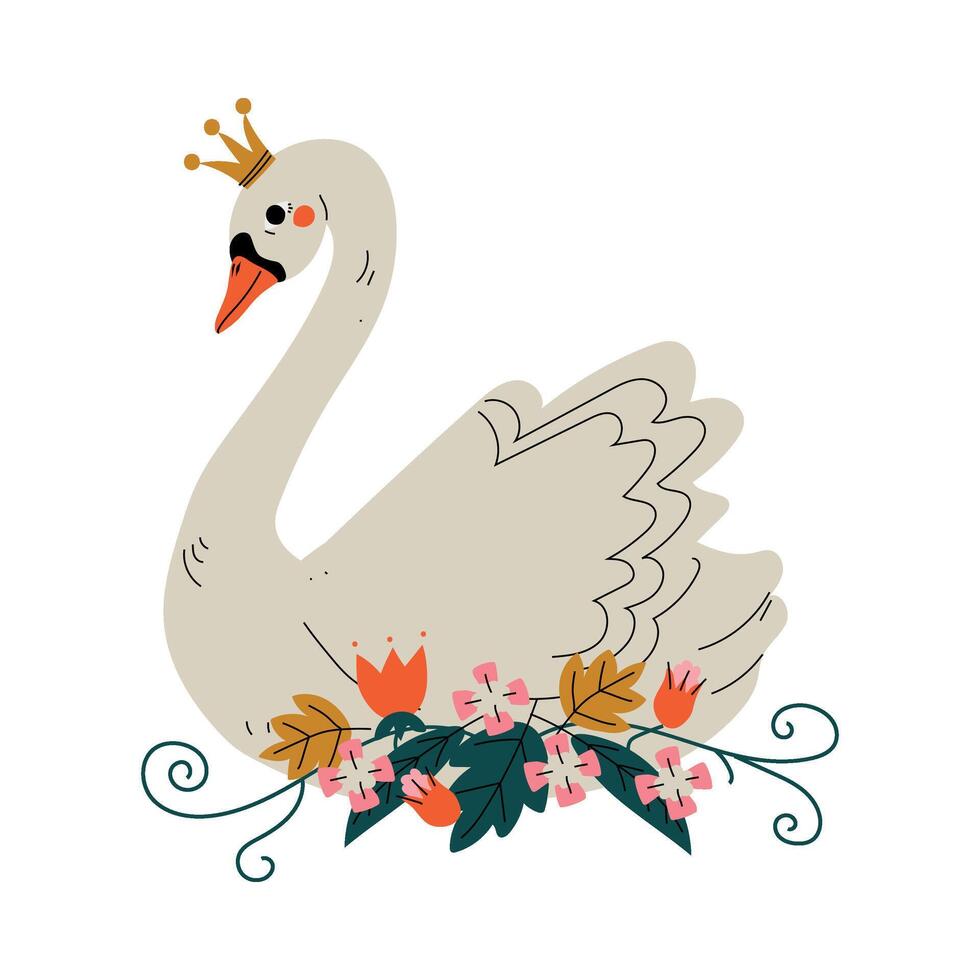 Beautiful White Swan Princess with Golden Crown and Flowers, Lovely Fairytale Bird Illustration vector
