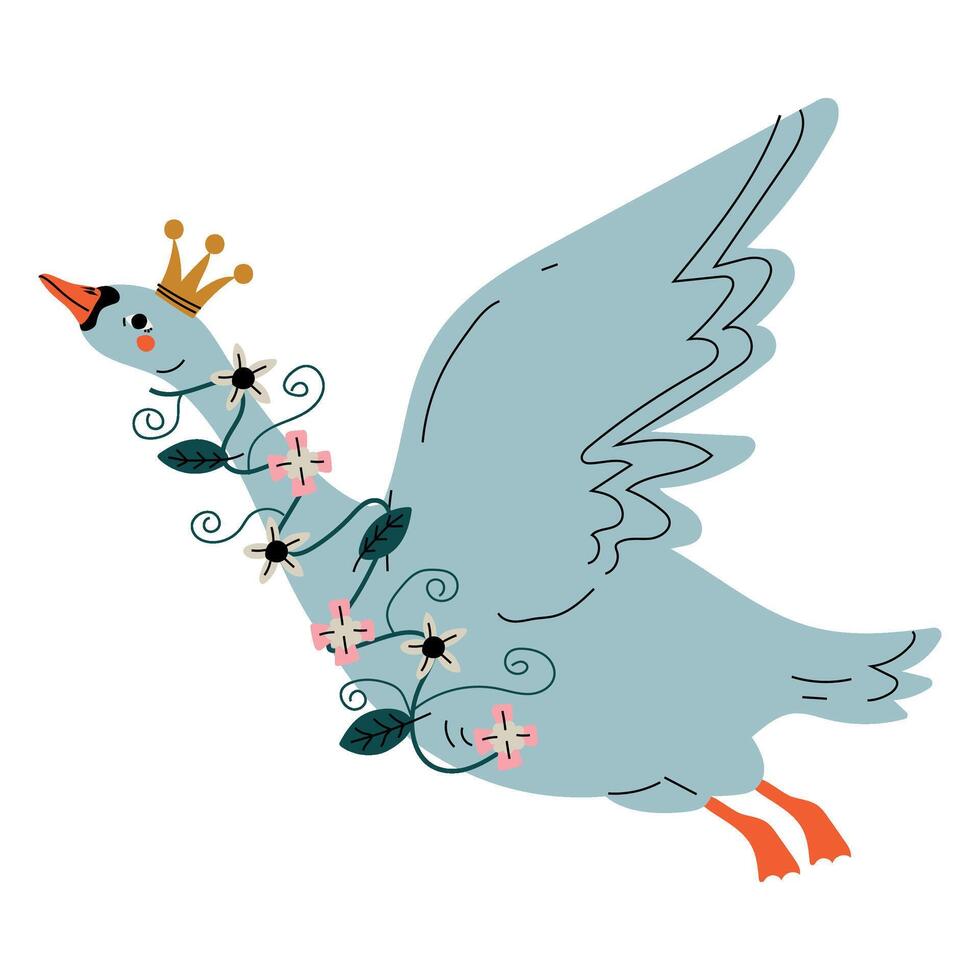 Beautiful Flying Swan Princess with Golden Crown and Flowers, Lovely Fairytale Bird Illustration vector