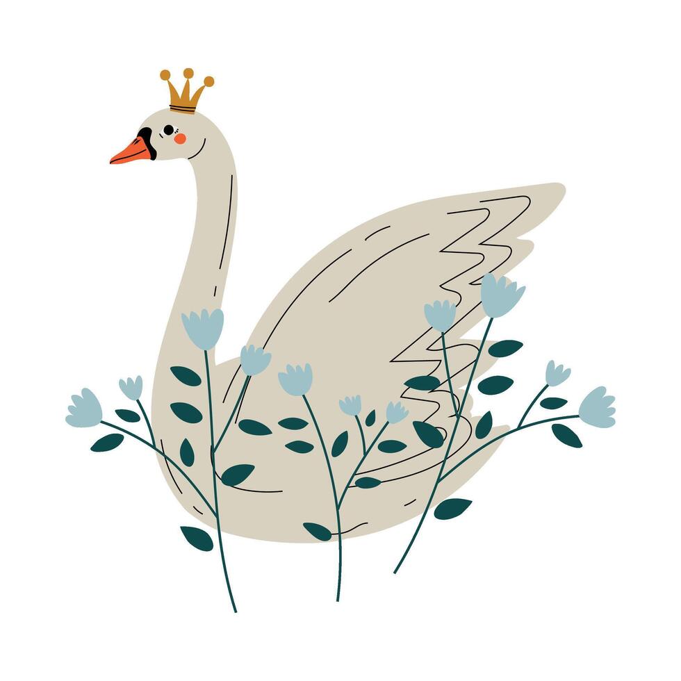 Beautiful White Swan Princess with Golden Crown and Flowers, Lovely Fairytale Bird Illustration vector