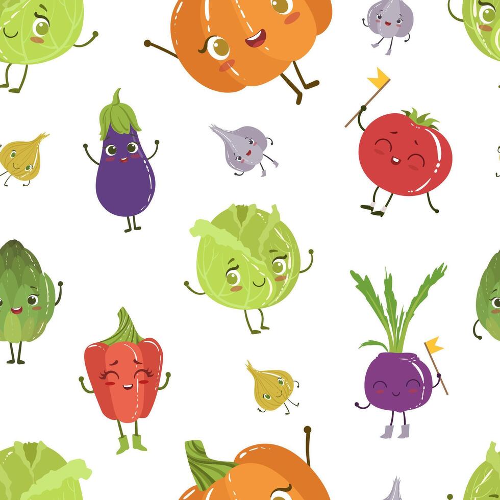 Cute Funny Vegetables Characters Seamless Pattern, Cabbage, Tomato, Eggplant, Pumpkin, Garlic, Artichoke Characters with Funny Faces Illustration vector