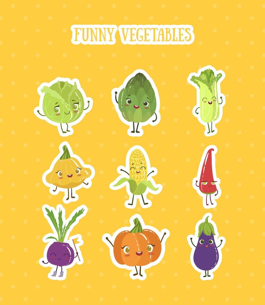 Collection of Fruits and Vegetables Stickers Set, Cabbage, Pepper, Squash, Pumpkin, Eggplant, Artichoke Characters with Funny Faces Illustration vector