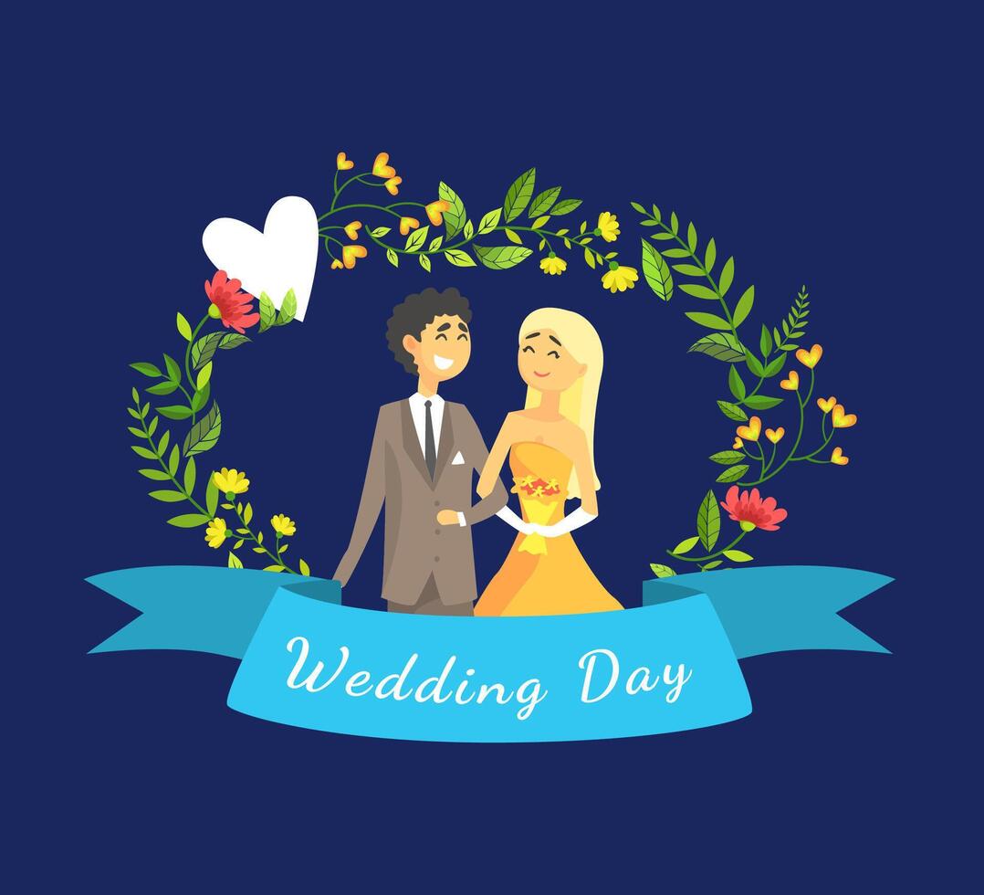 Wedding Day Banner Template with Happy Just Married Couple, Bride and Groom Standing Against Floral Arch Illustration vector