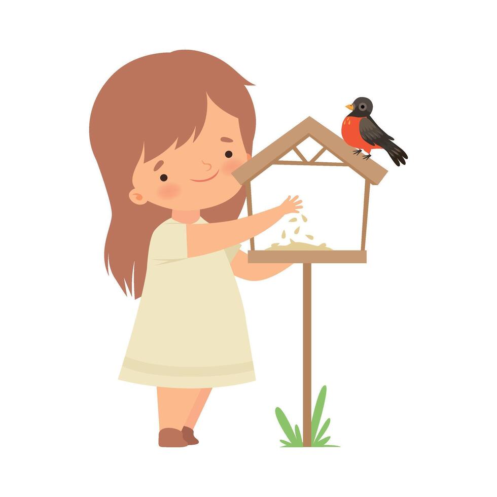 Cute Little Girl Feeding Bullfinch with Corn, Adorable Kid Caring for Animal Cartoon Illustration vector