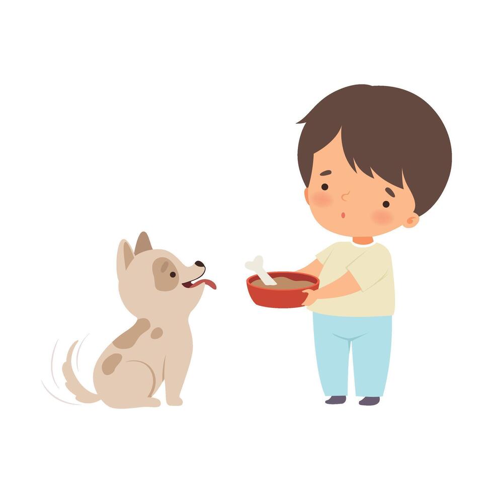 Cute Little Boy Feeding His Puppy, Adorable Kid Caring for Animal Cartoon Illustration vector