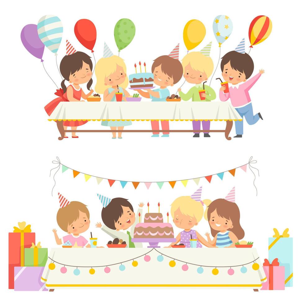 Cute Boys and Girls Sitting at Festive Table with Cake and Balloons Set, Happy Kids at Birthday Party Illustration vector