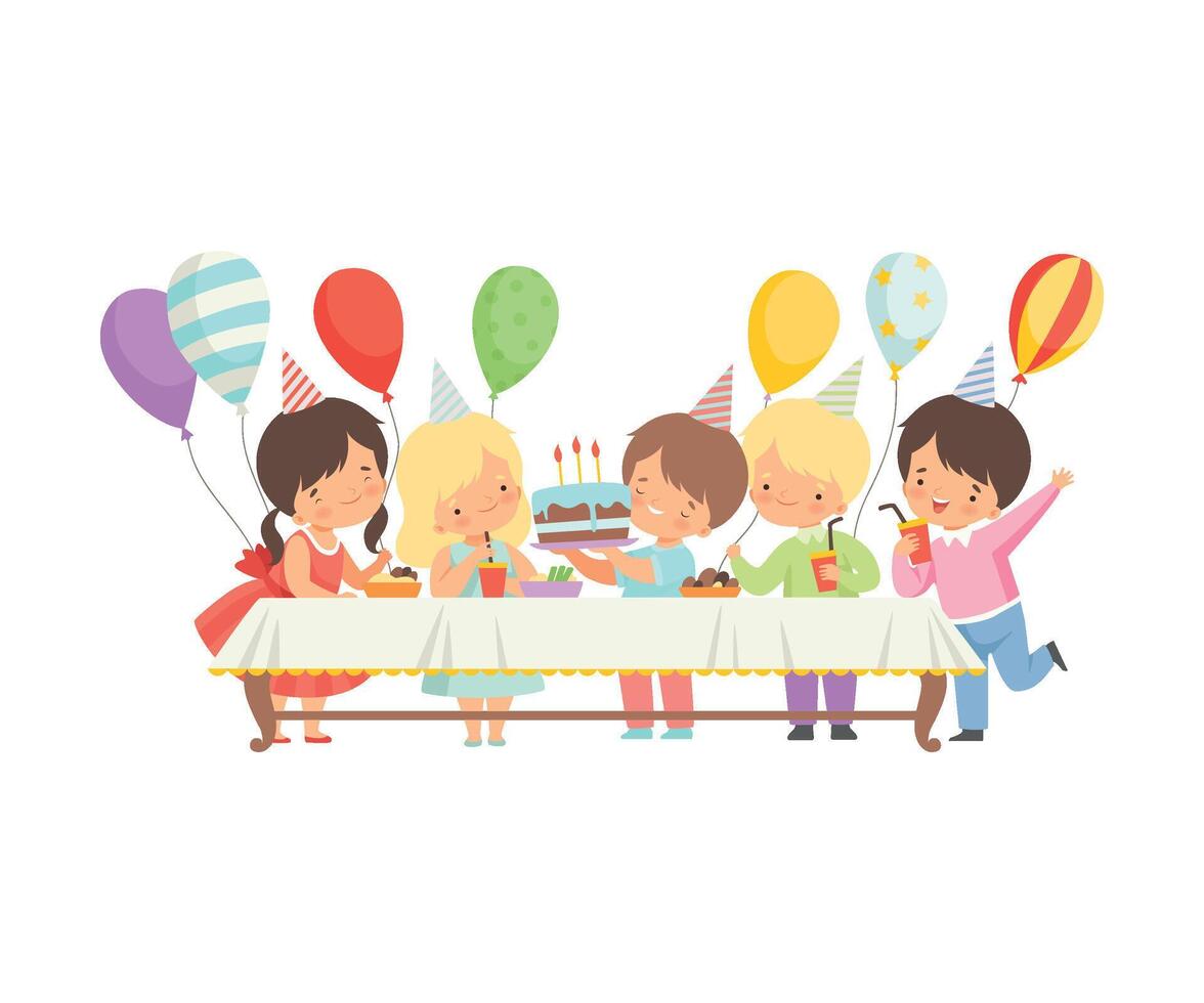 Cute Boys and Girls in Party Hats Sitting at Festive Table with Sweets and Cake, Happy Birthday Party Celebration Illustration vector