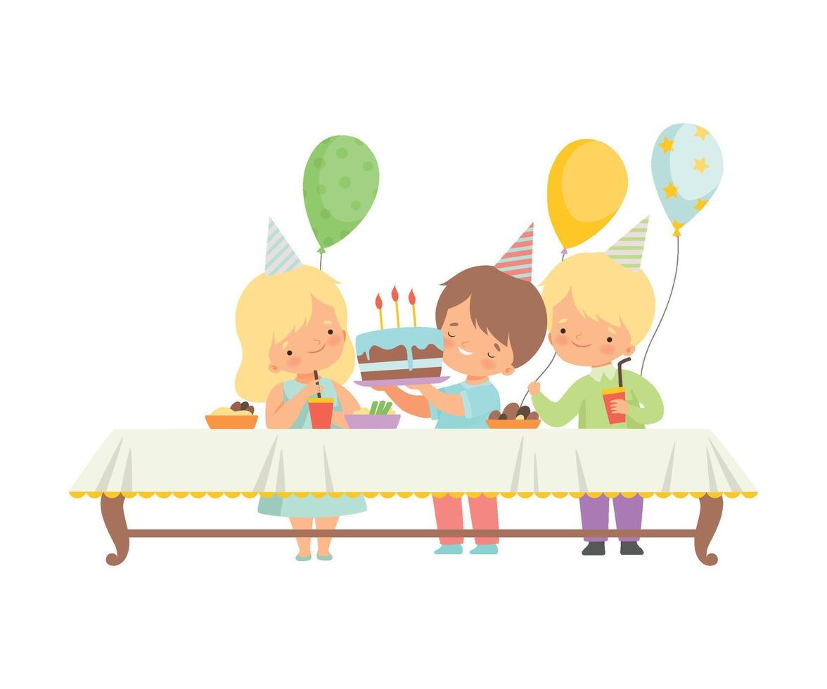 Cute Boys and Girls Celebrating Birthday Party, Kids Sitting at Festive Table with Sweets and Cake Illustration vector