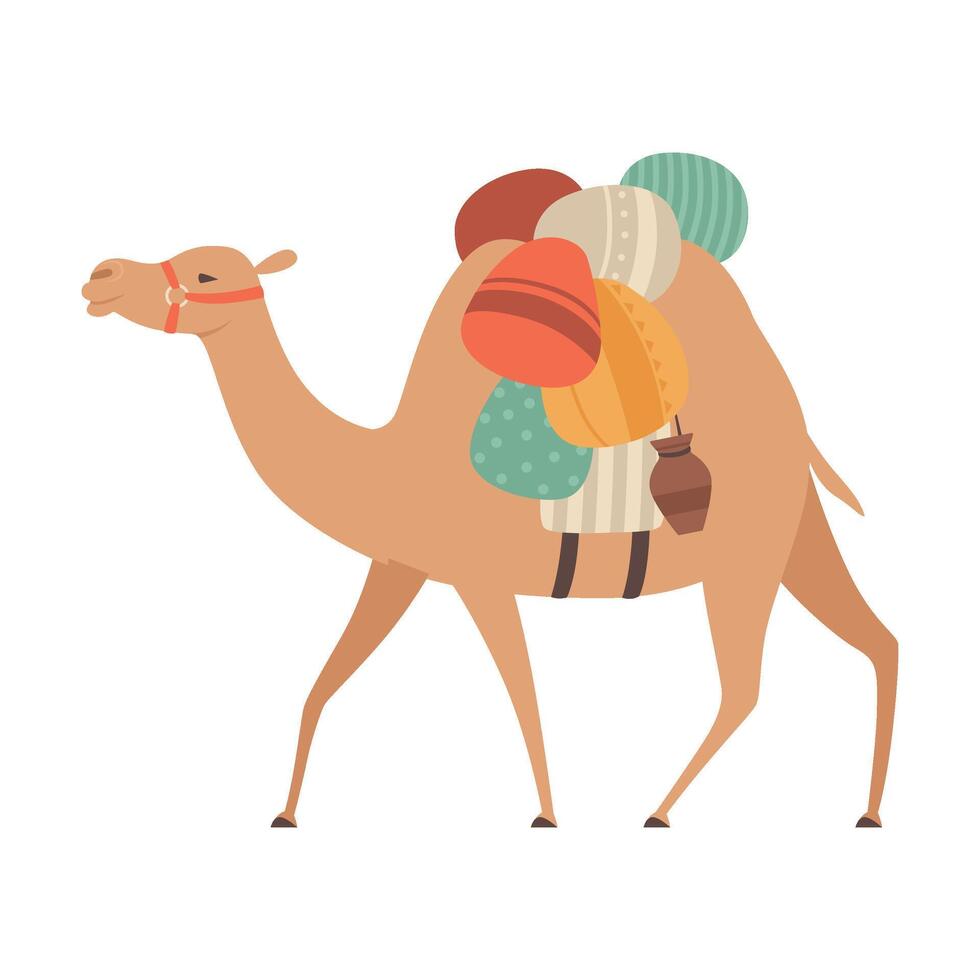 Camel with Bridle and Saddle, Desert Animal Carrying Heavy Load, Side View Illustration vector