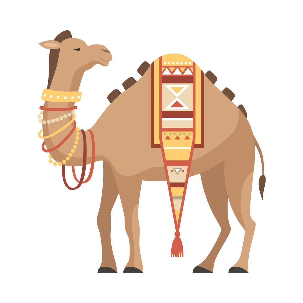 Dromedary, One Humped Camel with Saddle Decorated with Ethnic Ornament Illustration vector