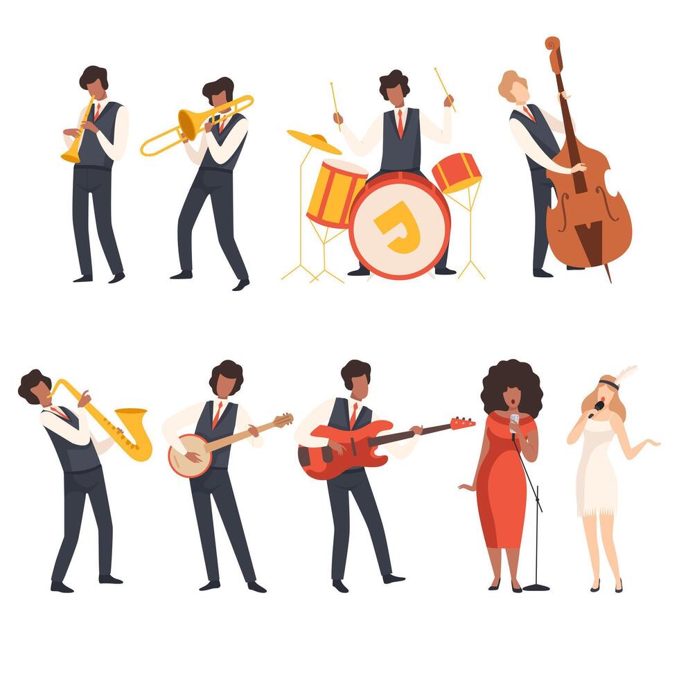 Jazz Band Group, Musicians Singing and Playing Trumpet, Banjo, Saxophone, Trombone, Drums, Guitar, Double Bass, Illustration vector