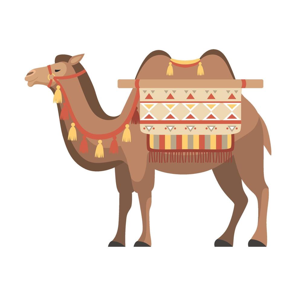 Camel, Two Humped Desert Animal with Bridle and Saddle Decorated with Ethnic Ornament Illustration vector
