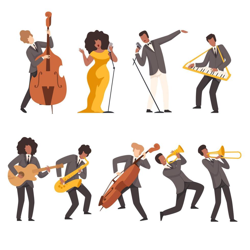 Jazz Band Group, Musicians Singing and Playing Trumpet, Keyboard, Saxophone, Trombone, Guitar, Double Bass, Illustration vector