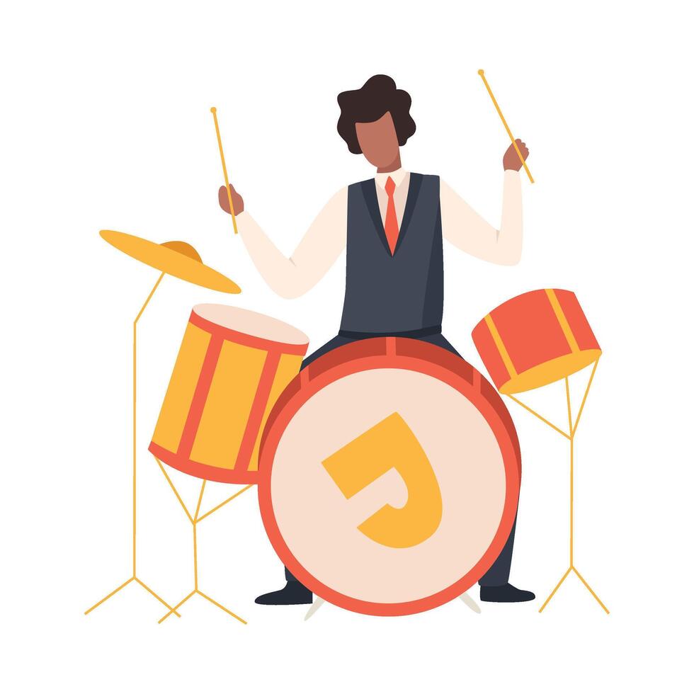 Man Playing Drums, Male Jazz Musician Character in Elegant Suit with Musical Instrument Illustration vector