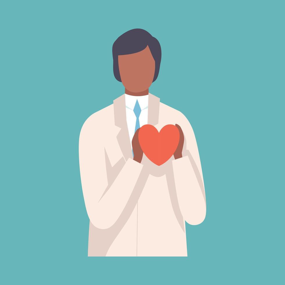 Male Doctor ardiologist Holding Red Heart, Professional Medical Worker Character in White Lab Coat Illustration vector