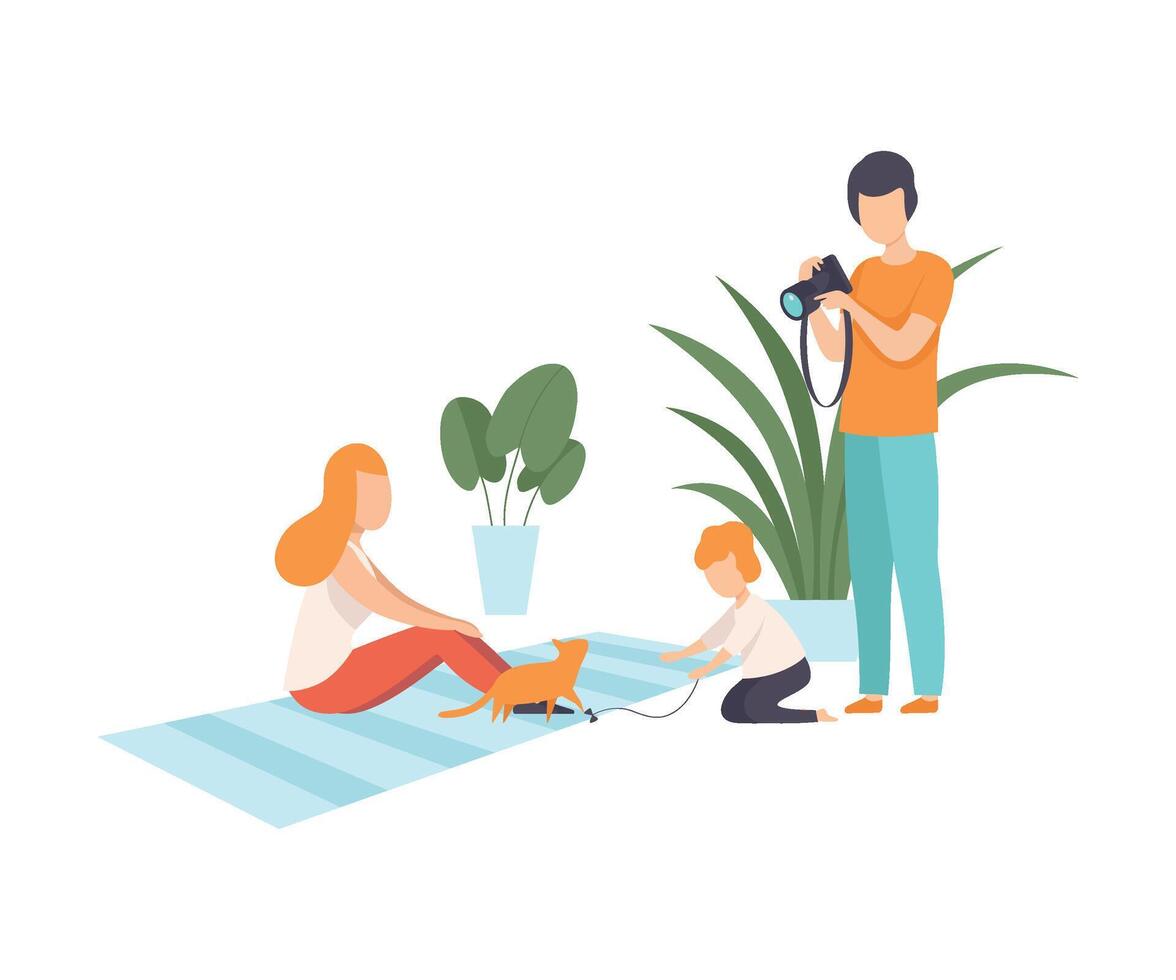 Father with Camera Photographing His Wife and Son at Home, Cute Boy Playing with Cat, Family and Their Son in Everyday Life Illustration vector