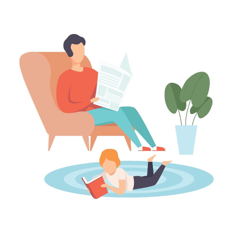 Father Sitting in Armchair and Reading Newspaper, His Little Son Lying on Floor on His Stomach and Reading Book, Family in Everyday Life at Home Illustration vector