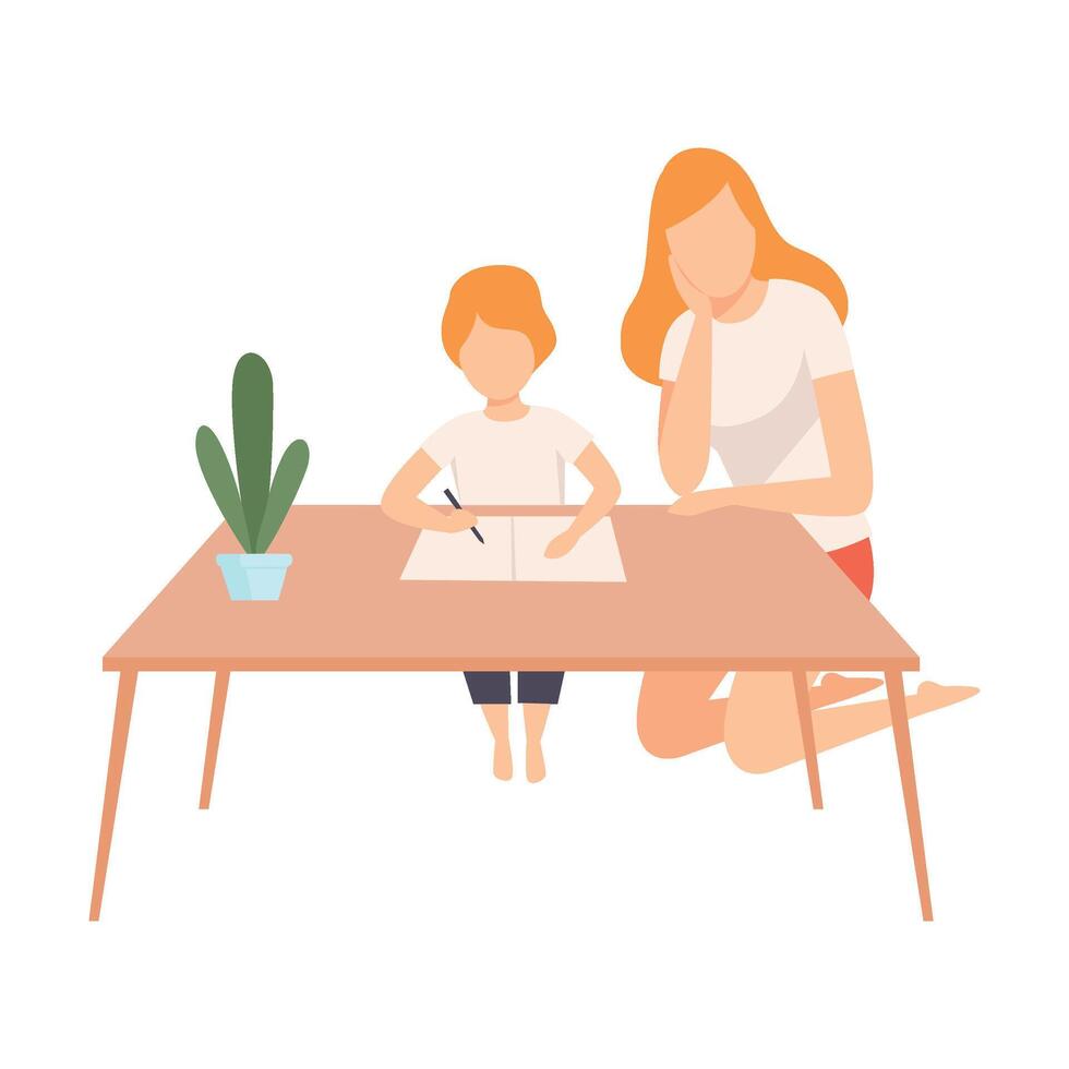 Mother Helping Her Son with Homework, Parent and Her Son in Everyday Life at Home Illustration vector