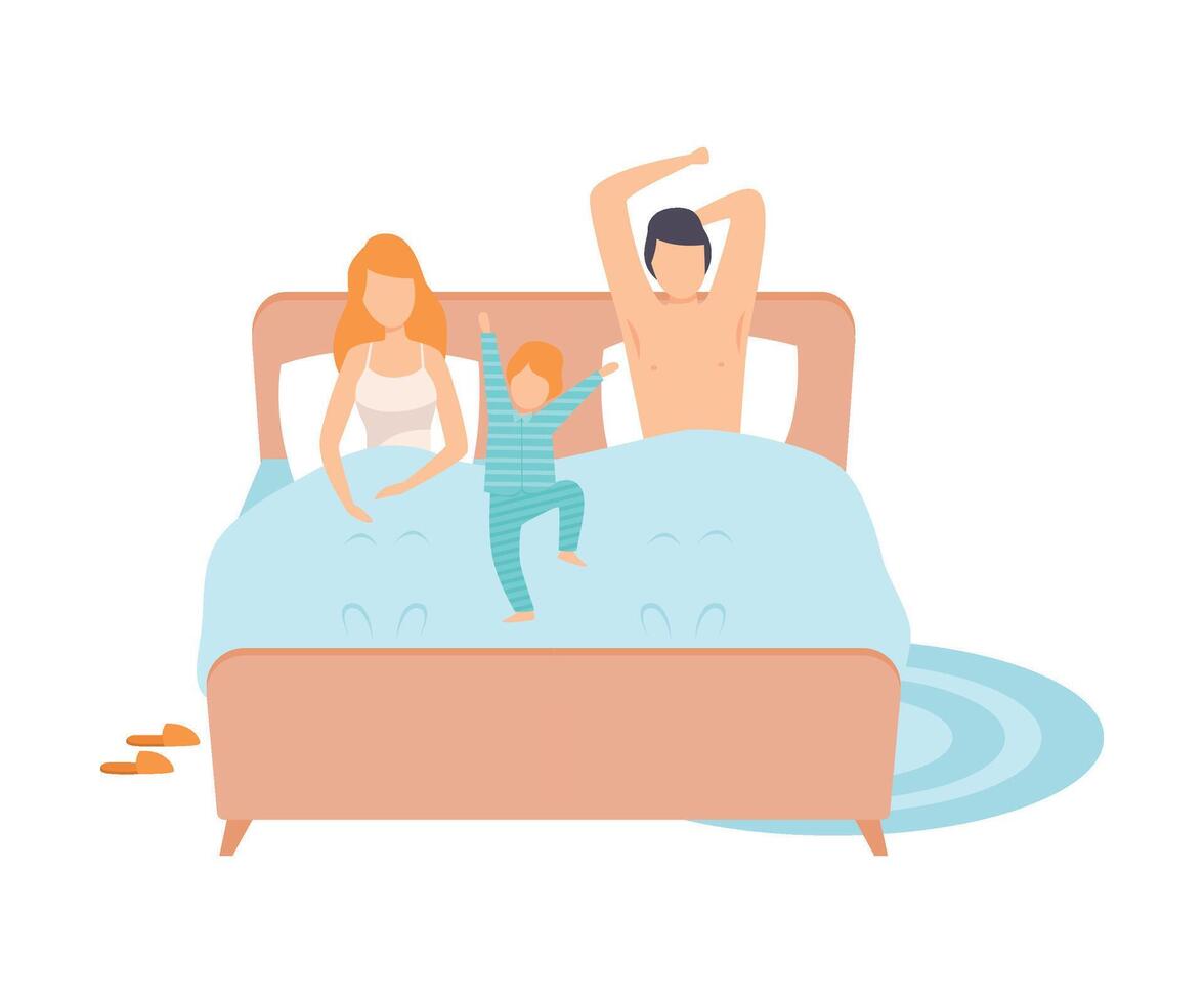 Child Sleeping in Parents Bed, Mother, Father and Their Son in Everyday Life at Home Illustration vector