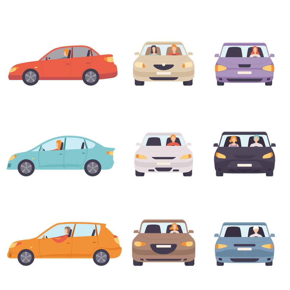 Cars with Drivers Set, Side and Front View Flat Illustration vector