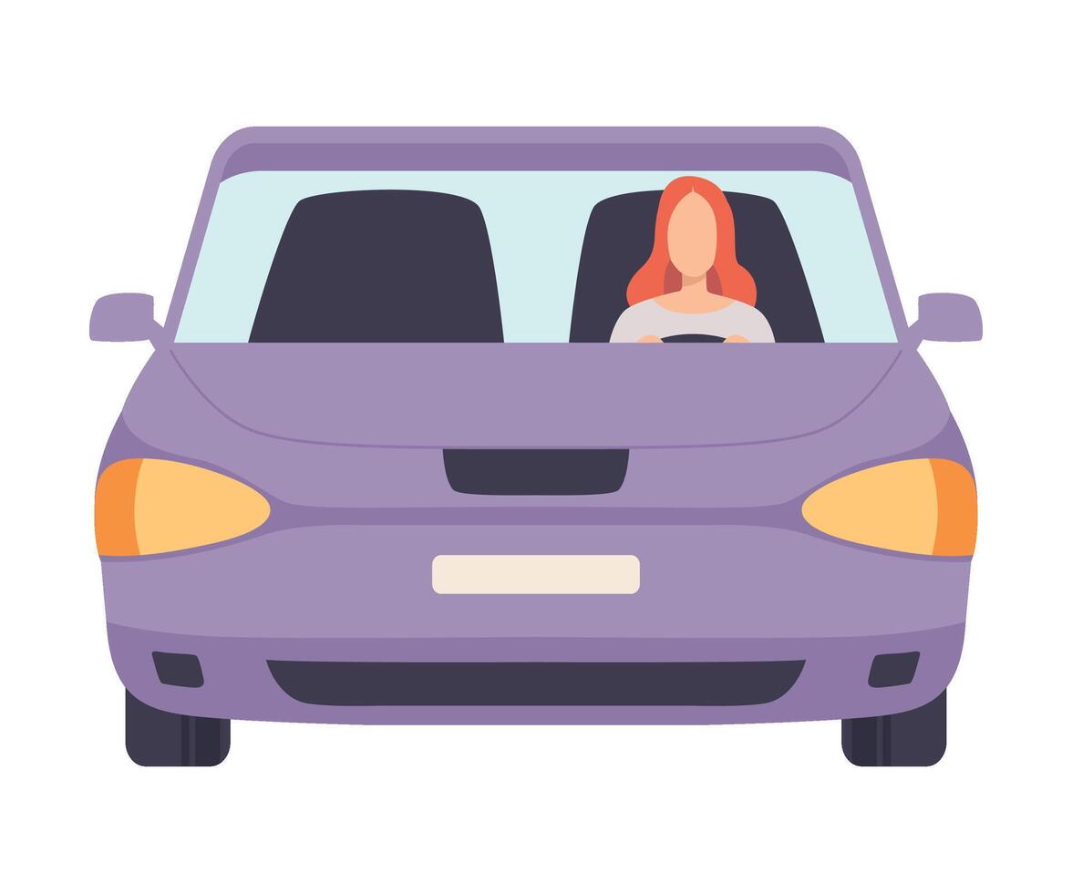 Lilac Car with Female Driver, Front View Illustration vector