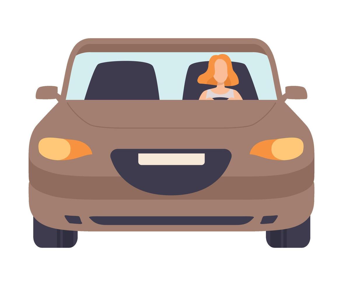 Brown Car with Female Driver, Front View Illustration vector