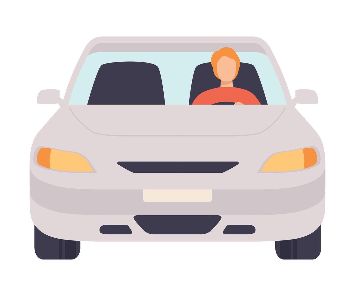 White Car with Male Driver, Front View Illustration vector
