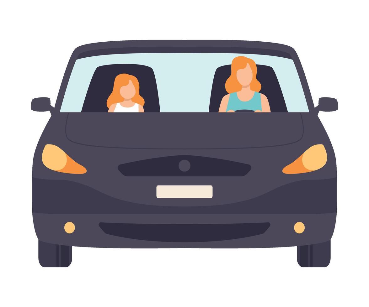 Black Car with Female Driver and Passenger, Front View Illustration vector