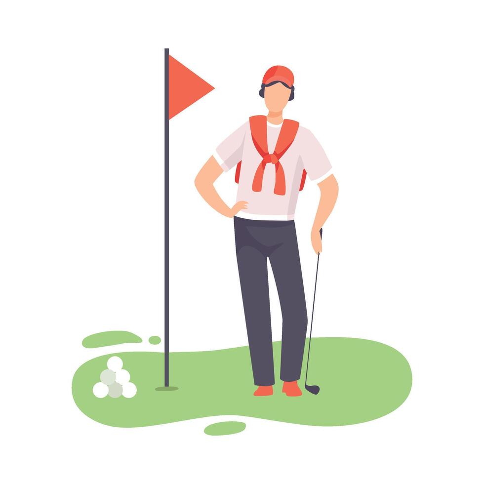 Young Man Standing with Golf Club, Male Golfer Player Playing Golf on Course, Outdoor Sport or Hobby Illustration vector