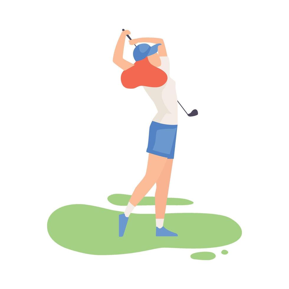 Young Woman Swinging with Golf Club, Female Athlete in Sports Uniform Playing Golf on Course, Outdoor Sport or Hobby Illustration vector