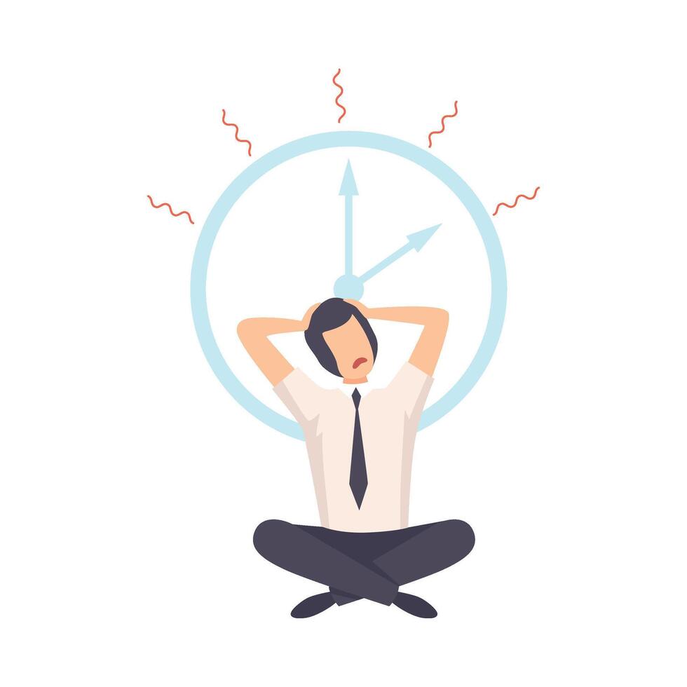 Stressed Student Sitting on Floor Under Clock, Nervous Teen Before Exams, Deadline, Time pressure Illustration vector