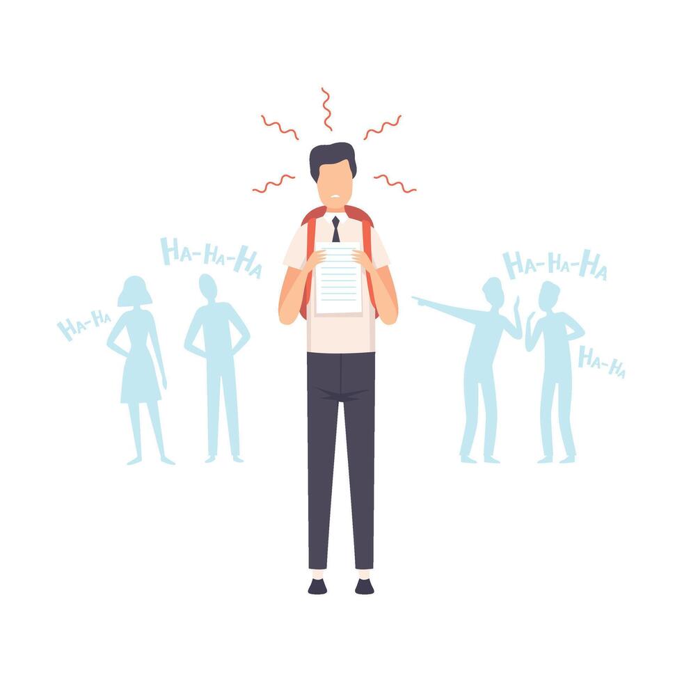 Sad Student Showing Best Test Results, Classmates Bullying and Mocking Him Illustration vector